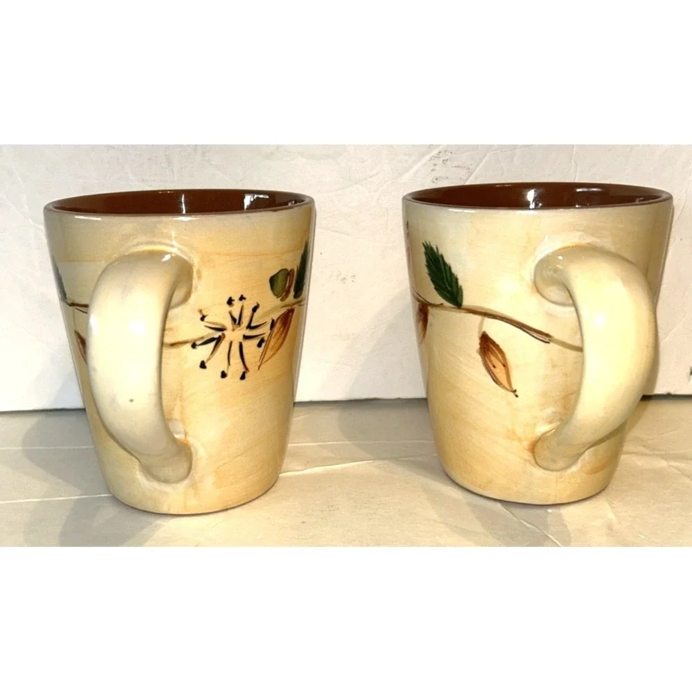LOT 2 Pottery Barn Tree of Life Autumn Leaves Acorns Coffee Mugs